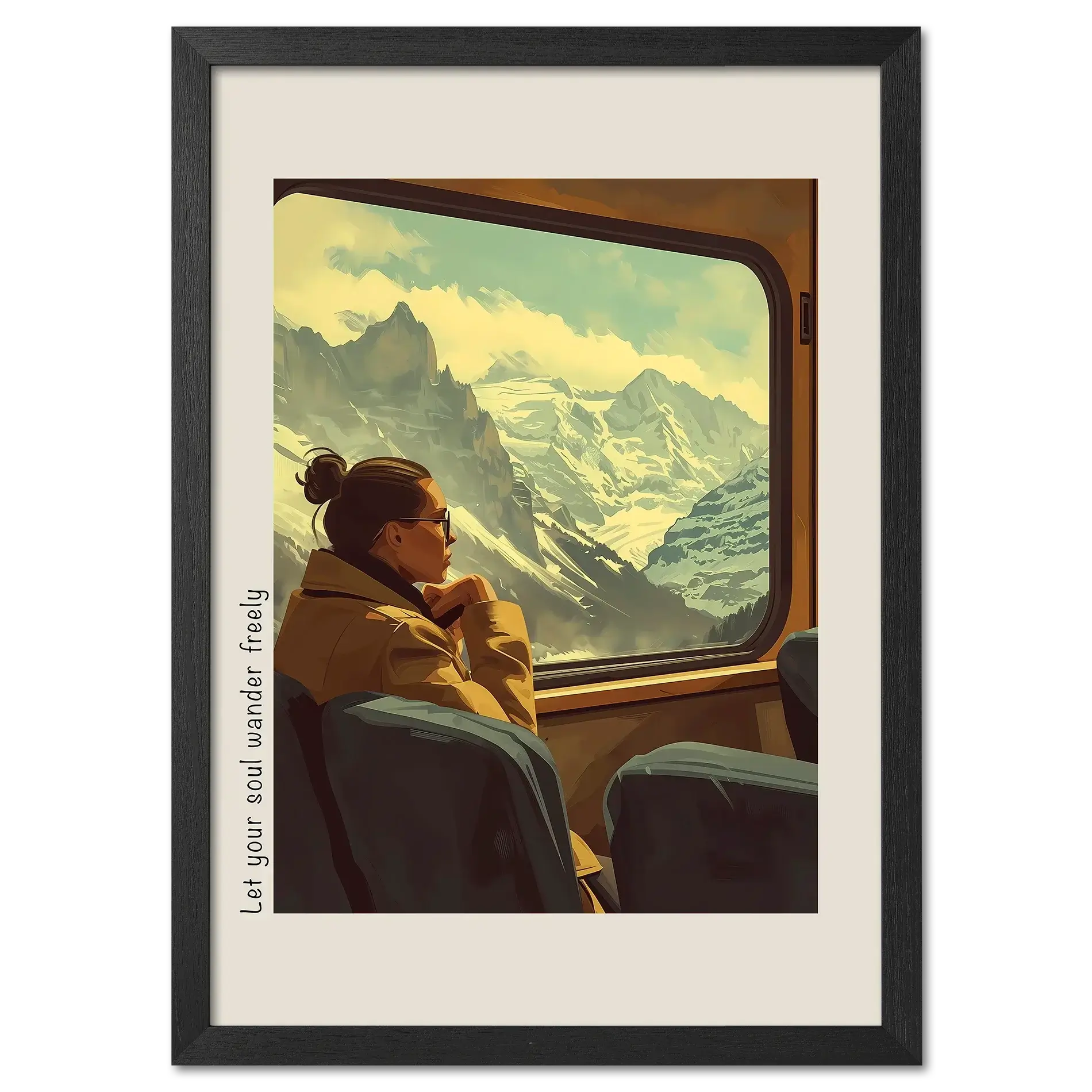 Girl rides with a view of the mountains - Poster showing a woman gazing out the train window at snowy peaks.