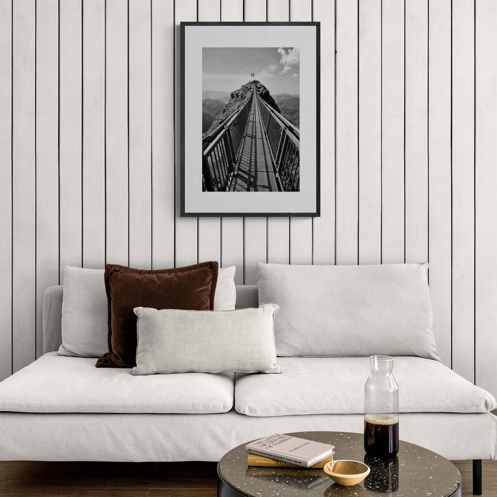 Glacier 3000 Suspension Bridge - Poster displayed in a modern living room with stylish decor and cozy seating.
