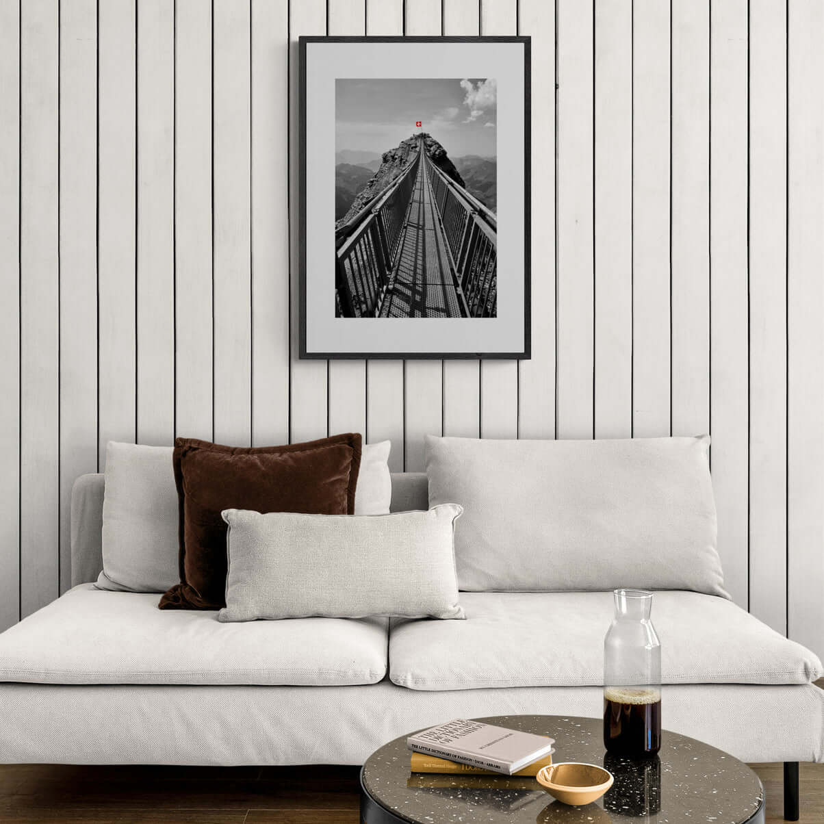 Glacier 3000 Suspension Bridge - Poster displayed in a modern living room with stylish decor and cozy seating.