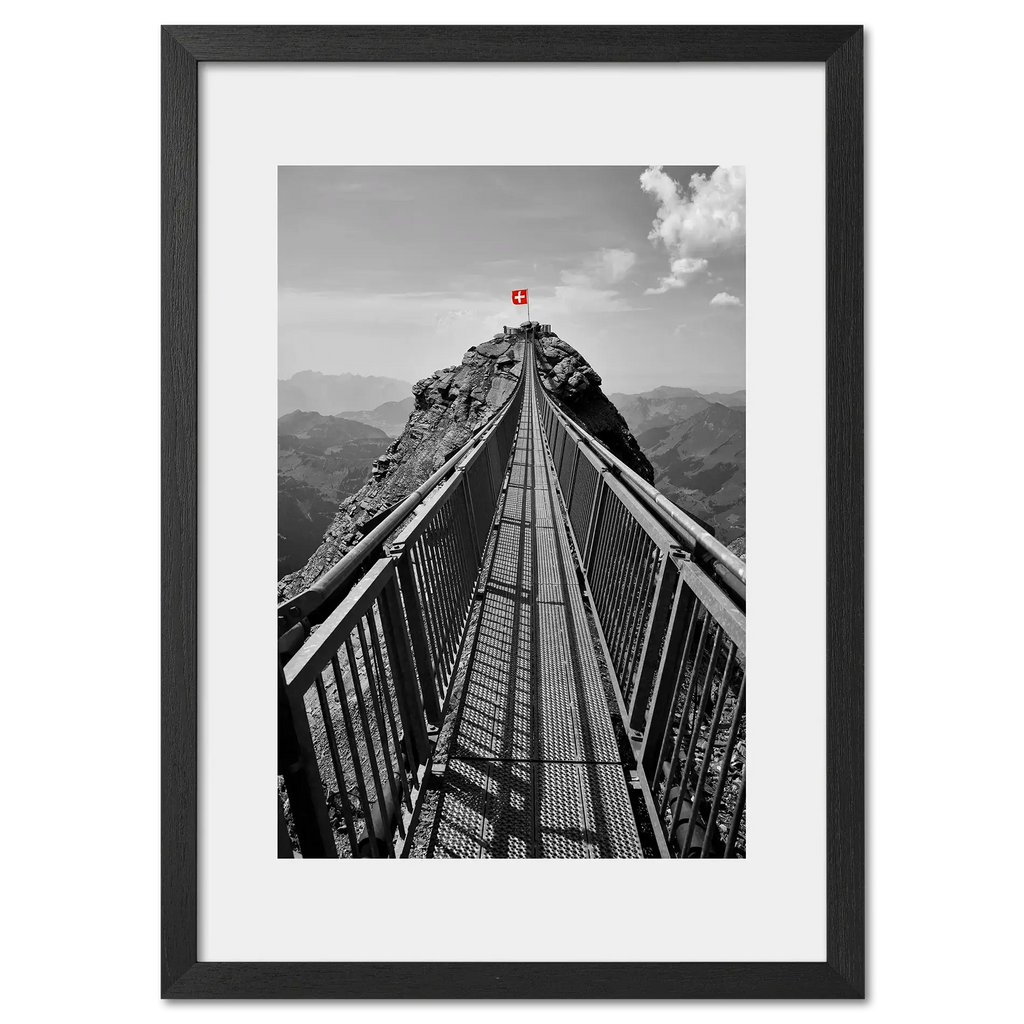 Glacier 3000 Suspension Bridge - Poster showcasing a narrow bridge leading to a mountain peak with Swiss flag.