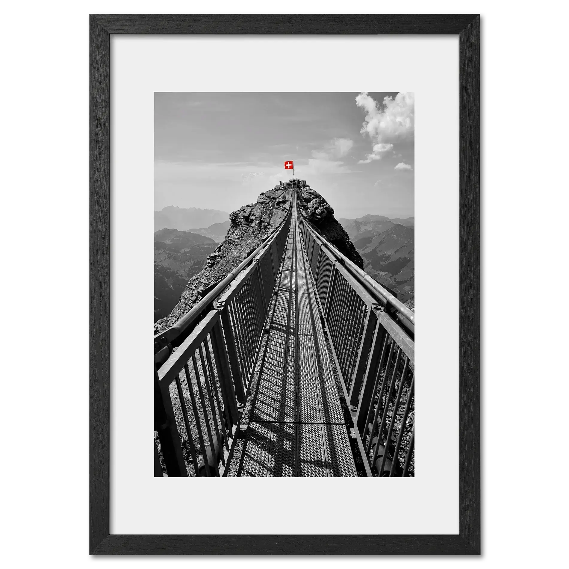 Glacier 3000 Suspension Bridge - Poster showcasing a narrow bridge leading to a mountain peak with Swiss flag.