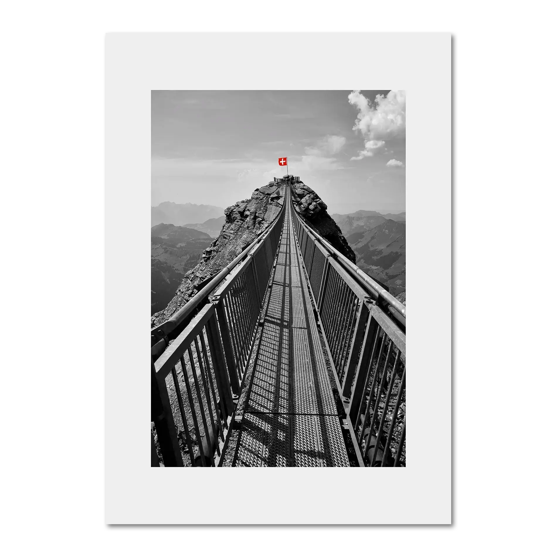 Glacier 3000 Suspension Bridge - Poster showcasing a dramatic narrow bridge leading to a mountain peak with a Swiss flag.