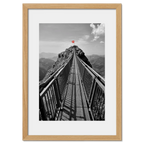 Glacier 3000 Suspension Bridge - Poster showcasing a narrow bridge with a red Swiss flag atop a rocky peak.