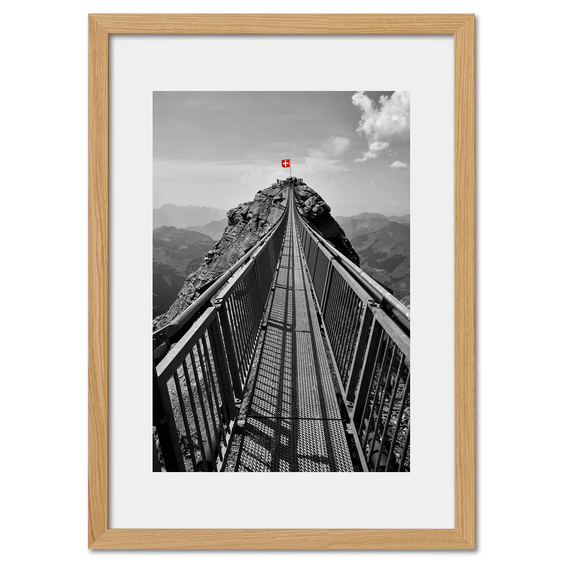 Glacier 3000 Suspension Bridge - Poster showcasing a narrow bridge with a red Swiss flag atop a rocky peak.