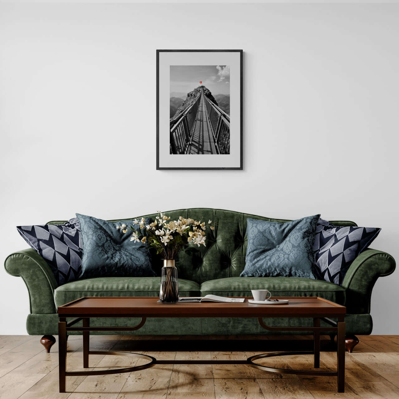 Glacier 3000 Suspension Bridge - Poster displayed above a green sofa with decorative pillows and a coffee table.