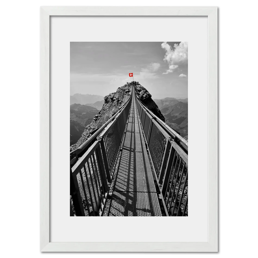 Glacier 3000 Suspension Bridge - Poster featuring a narrow bridge with a red Swiss flag and mountainous background.