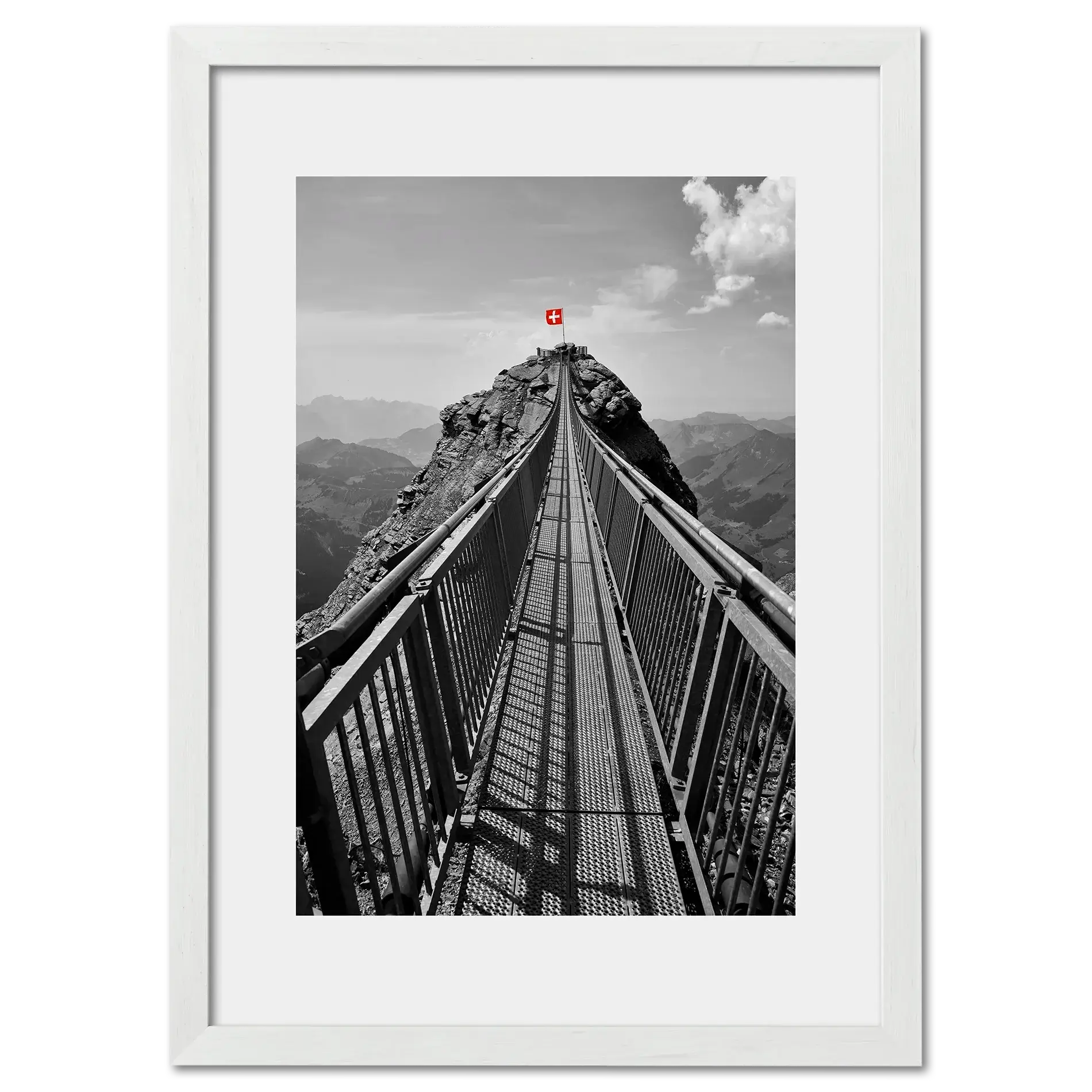 Glacier 3000 Suspension Bridge - Poster featuring a narrow bridge with a red Swiss flag and mountainous background.