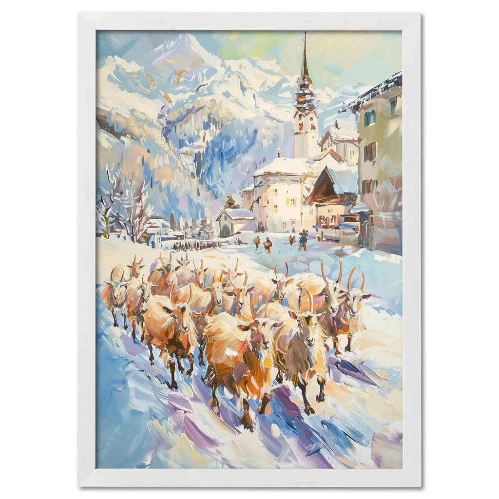 Goats on the street in Switzerland - Poster featuring a herd of goats in a snowy alpine village.