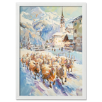 Goats on the street in Switzerland - Poster featuring a herd of goats in a snowy alpine village.