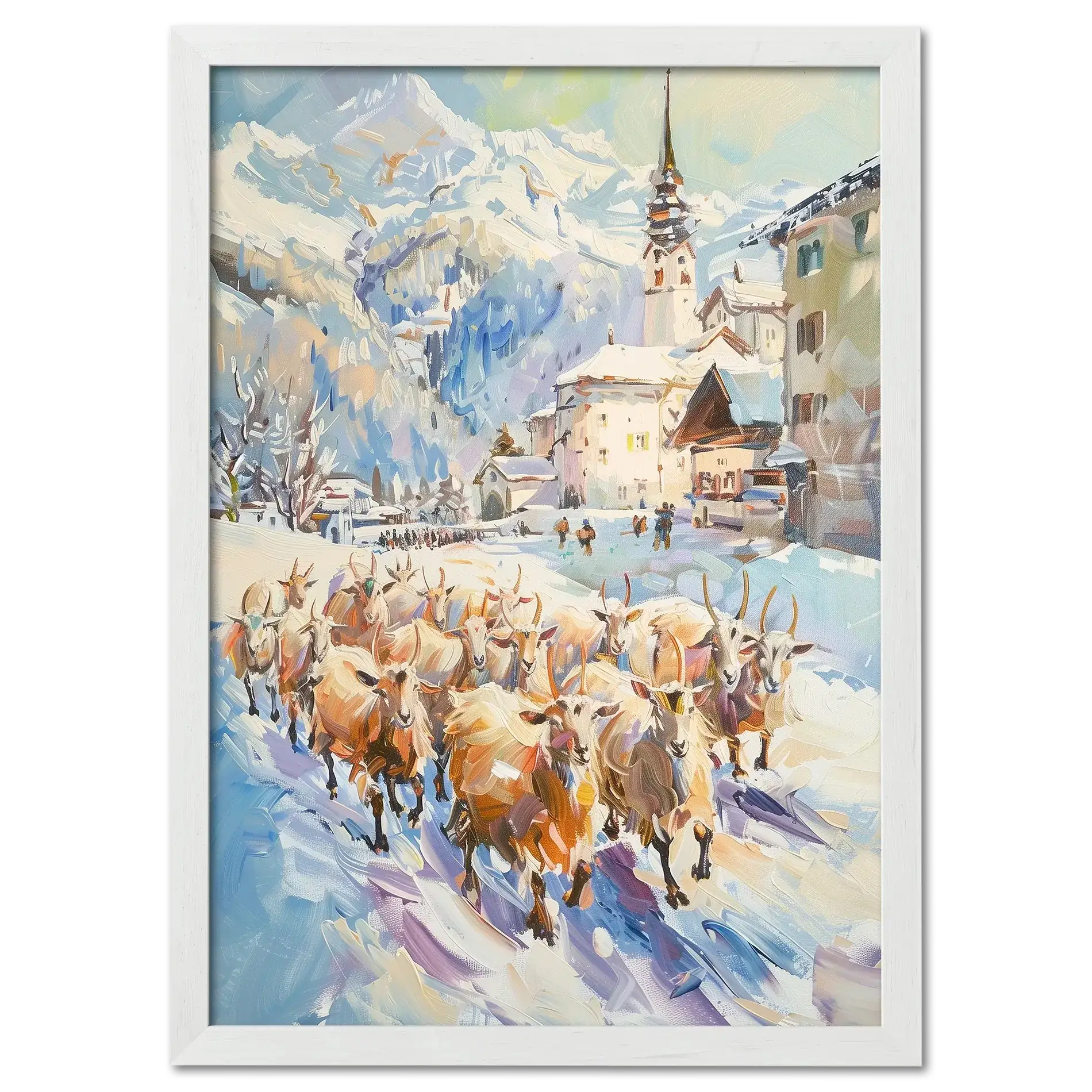 Goats on the street in Switzerland - Poster featuring a herd of goats in a snowy alpine village.