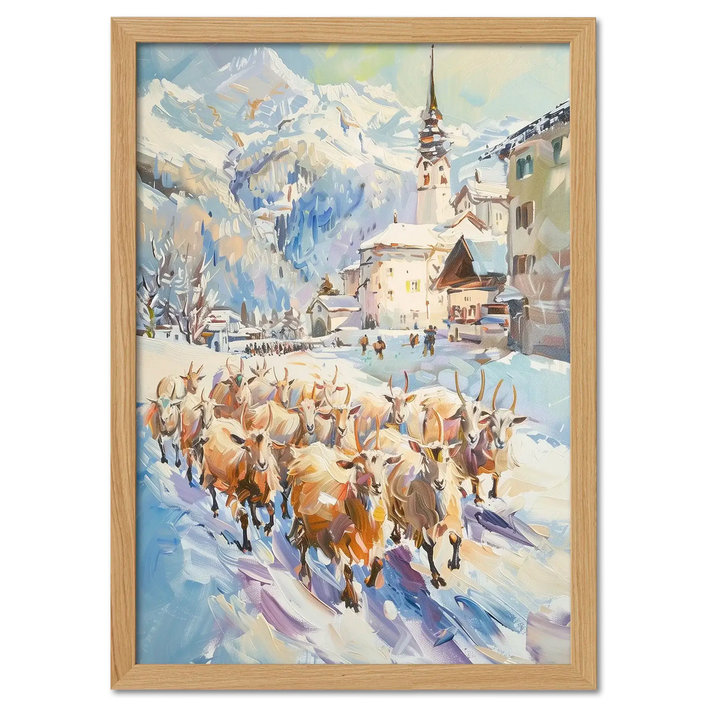 Goats on the street in Switzerland - Poster featuring a herd of goats in a snowy alpine village.