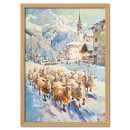 Goats on the street in Switzerland - Poster featuring a herd of goats in a snowy alpine village.