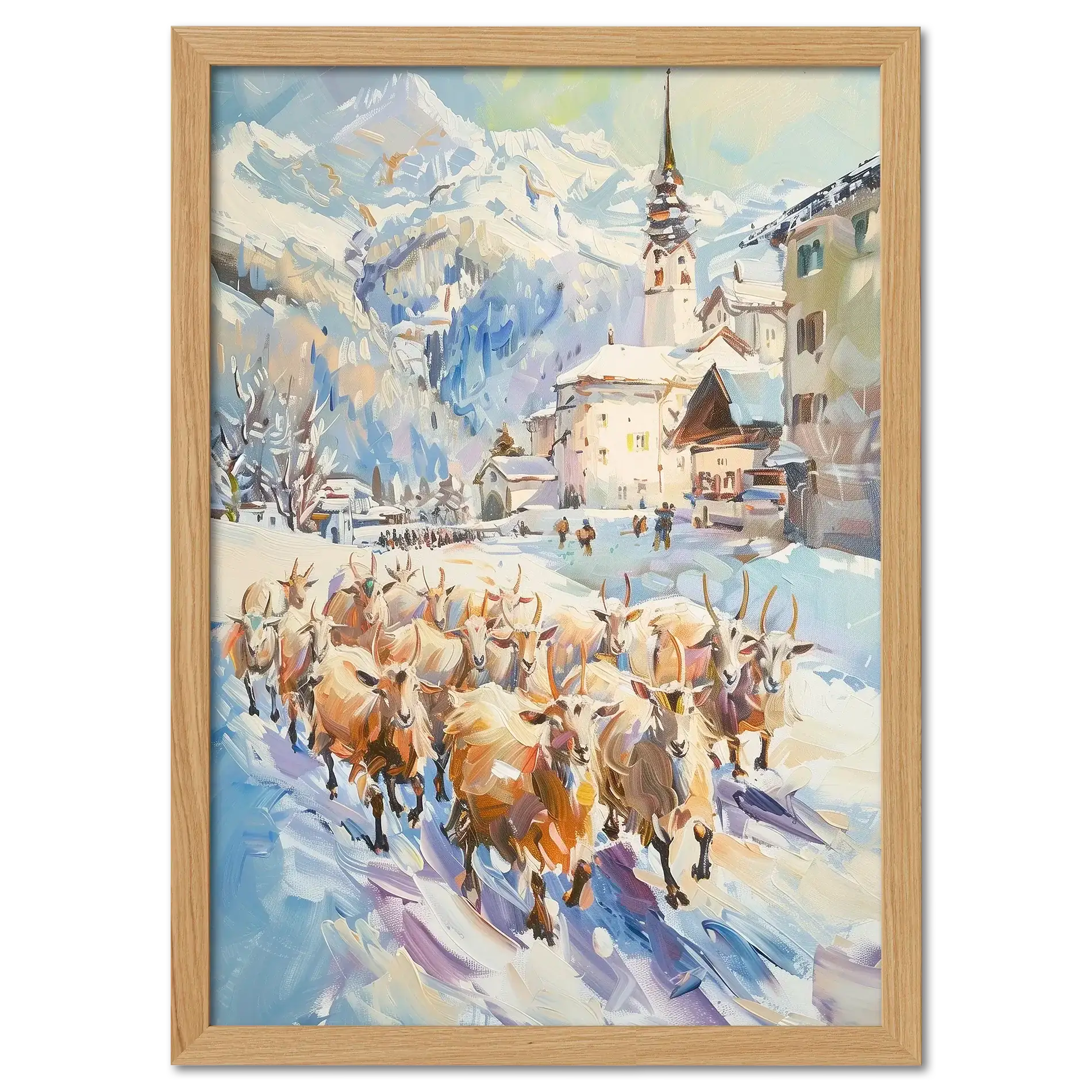 Goats on the street in Switzerland - Poster featuring a herd of goats in a snowy alpine village.