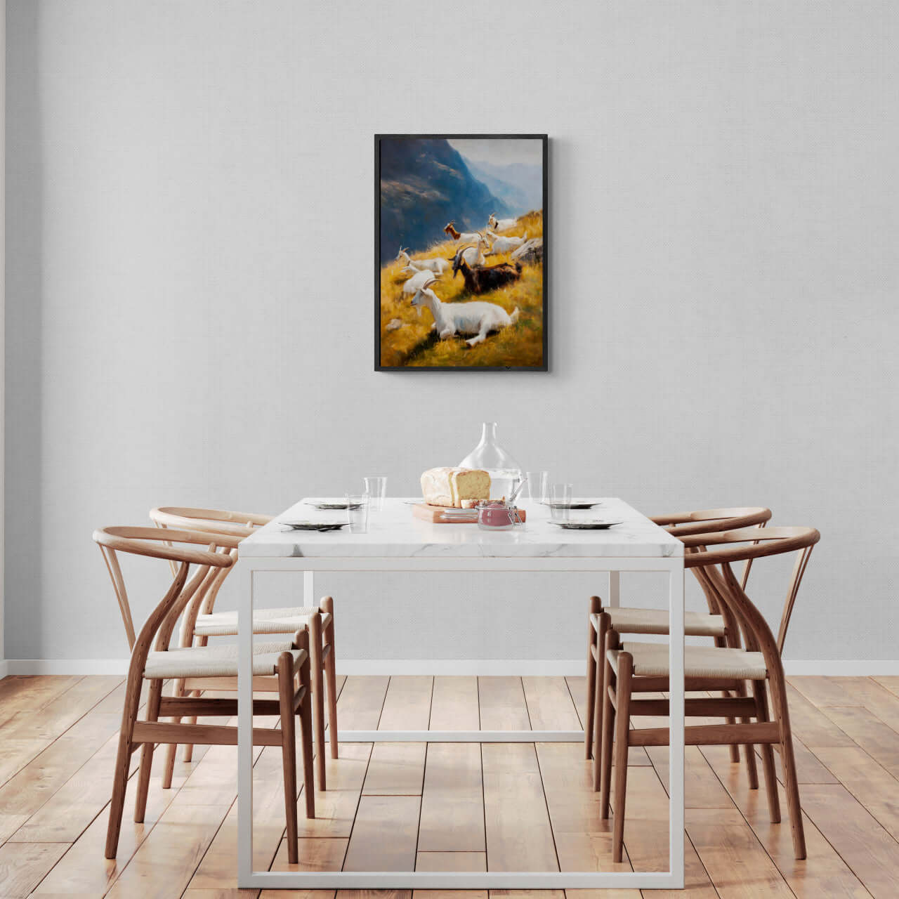 Goats on the Ridge - Poster displayed in a modern dining room with wooden furniture and a bright, inviting atmosphere.