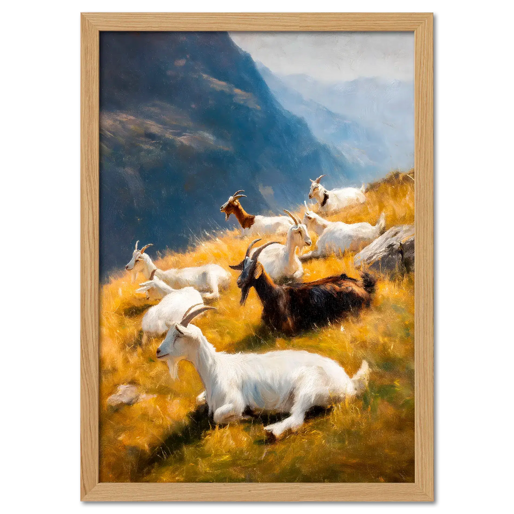 Goats on the Ridge - Poster featuring mountain goats resting on a sunlit alpine slope with warm grass and blue mountains.