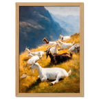 Goats on the Ridge - Poster featuring mountain goats resting on a sunlit alpine slope with warm grass and blue mountains.