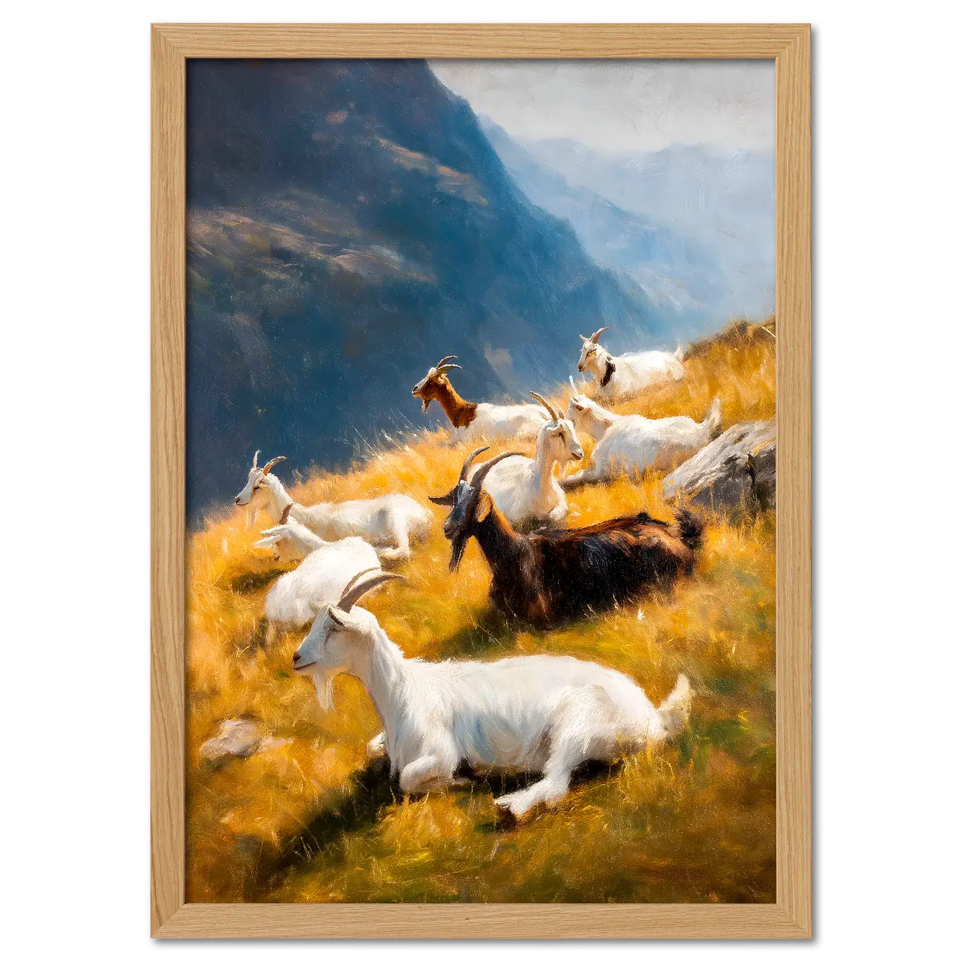Goats on the Ridge - Poster featuring mountain goats resting on a sunlit alpine slope with warm grass and blue mountains.