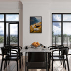 Goats on the Ridge - Poster displayed in a modern dining room with a view, showcasing tranquil wall art.