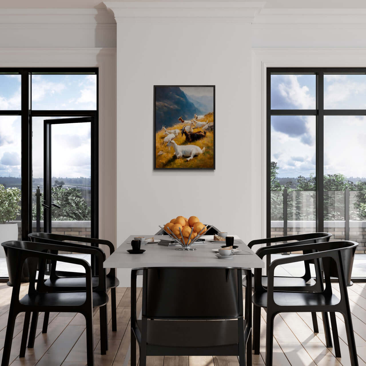 Goats on the Ridge - Poster displayed in a modern dining room with a view, showcasing tranquil wall art.