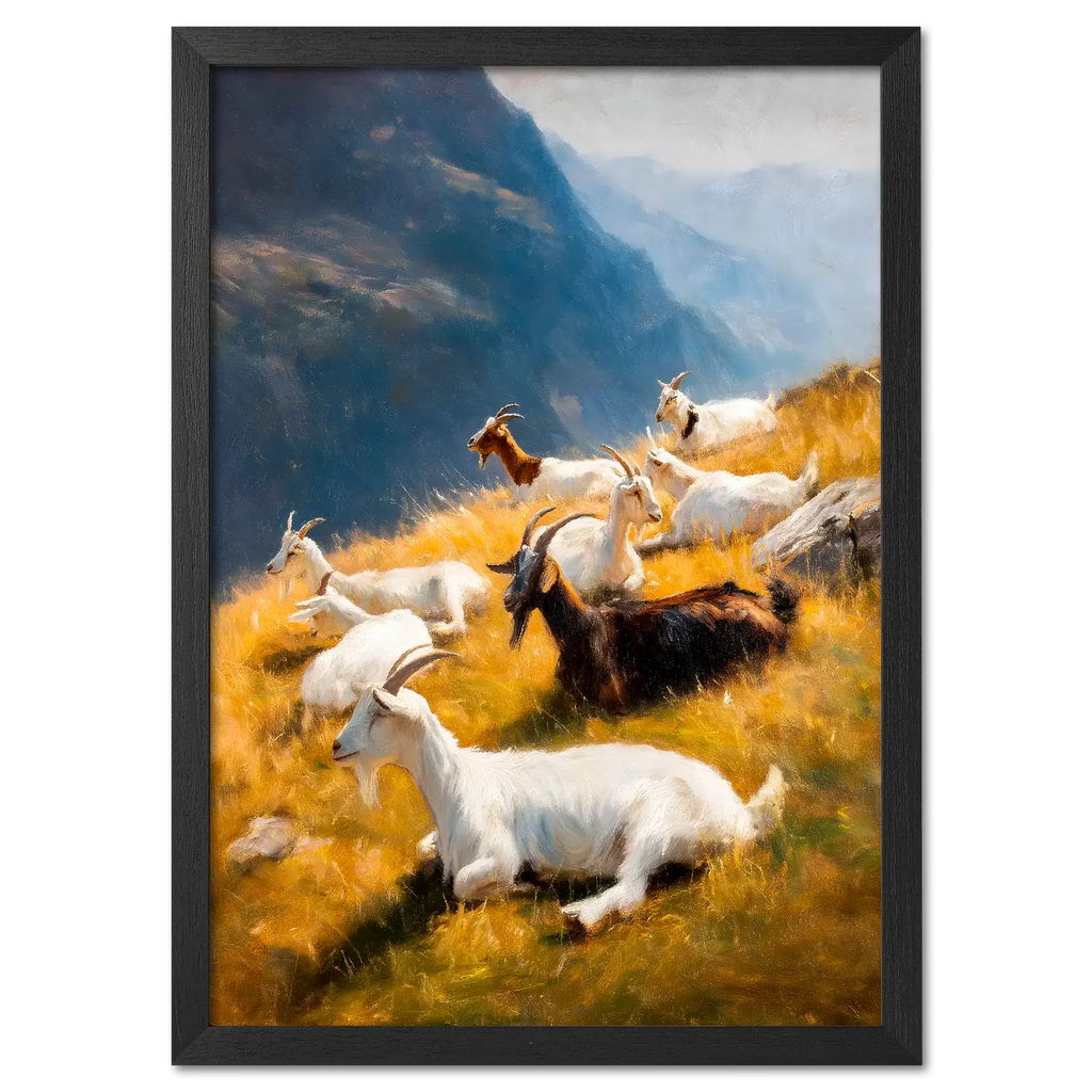 Goats on the Ridge - Poster featuring mountain goats resting on a sunlit alpine slope among golden grass and blue mountains.