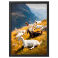 Goats on the Ridge - Poster featuring mountain goats resting on a sunlit alpine slope among golden grass and blue mountains.