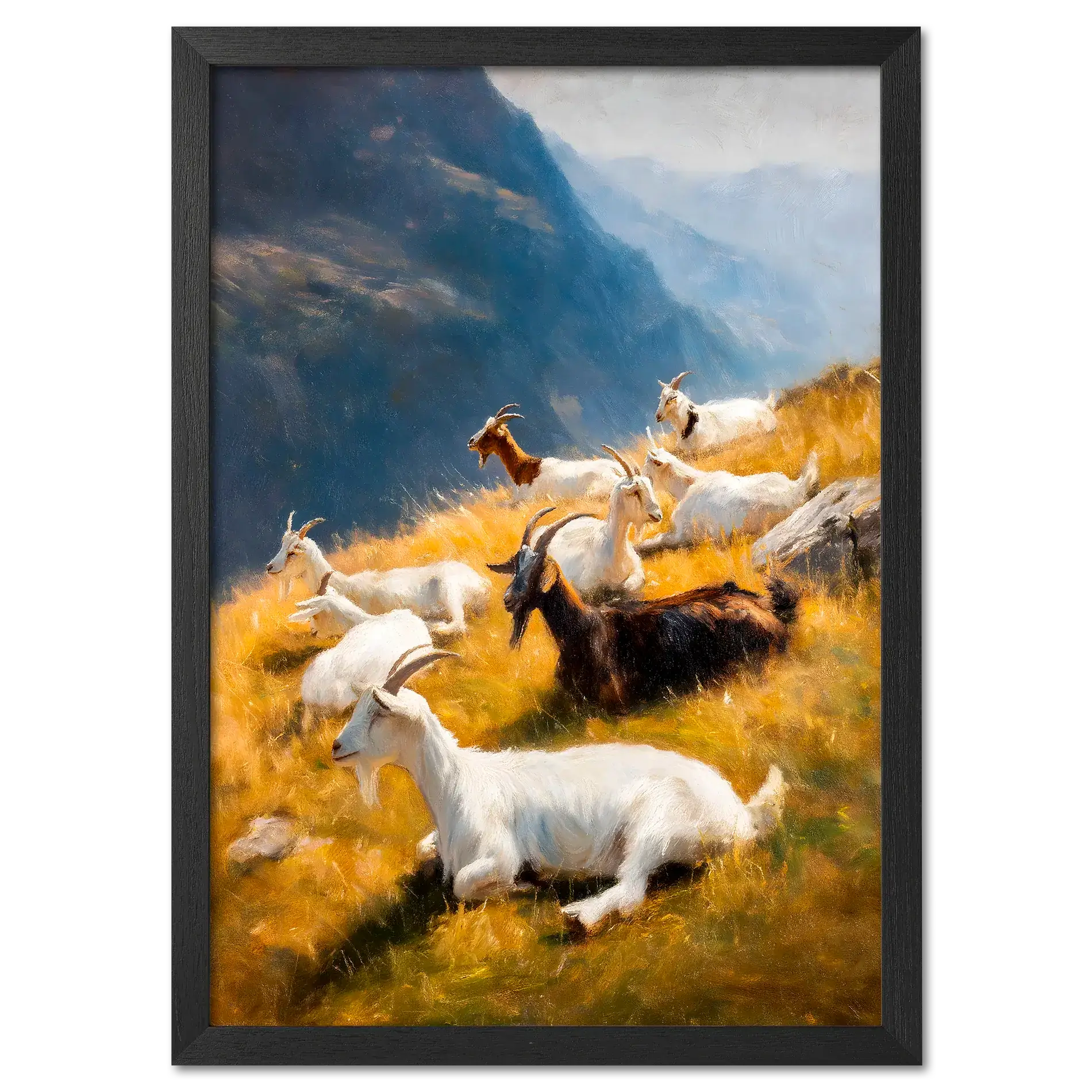 Goats on the Ridge - Poster featuring mountain goats resting on a sunlit alpine slope among golden grass and blue mountains.