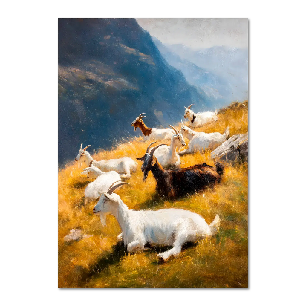 Goats on the Ridge - Poster featuring resting mountain goats on a sunlit alpine slope amidst golden grass and blue mountains.