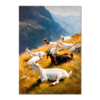 Goats on the Ridge - Poster featuring resting mountain goats on a sunlit alpine slope amidst golden grass and blue mountains.