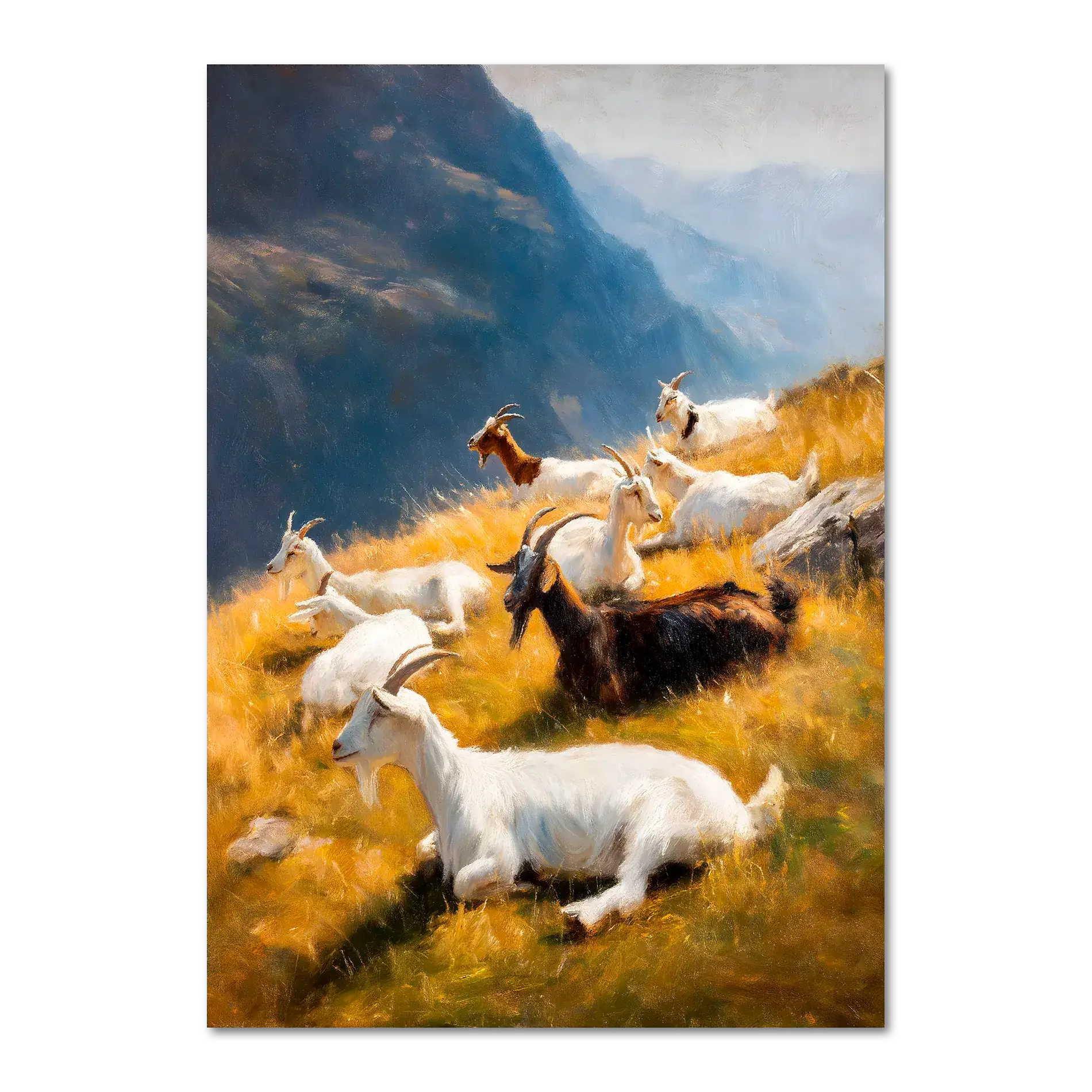 Goats on the Ridge - Poster featuring resting mountain goats on a sunlit alpine slope amidst golden grass and blue mountains.