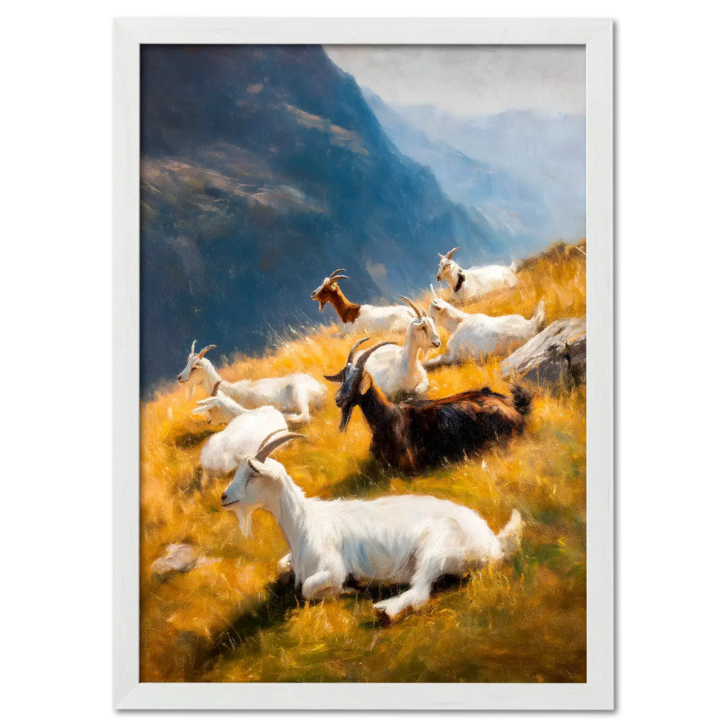 Goats on the Ridge - Poster featuring mountain goats resting on a sunlit alpine slope with golden grass.