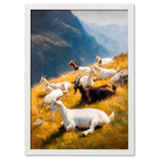 Goats on the Ridge - Poster featuring mountain goats resting on a sunlit alpine slope with golden grass.