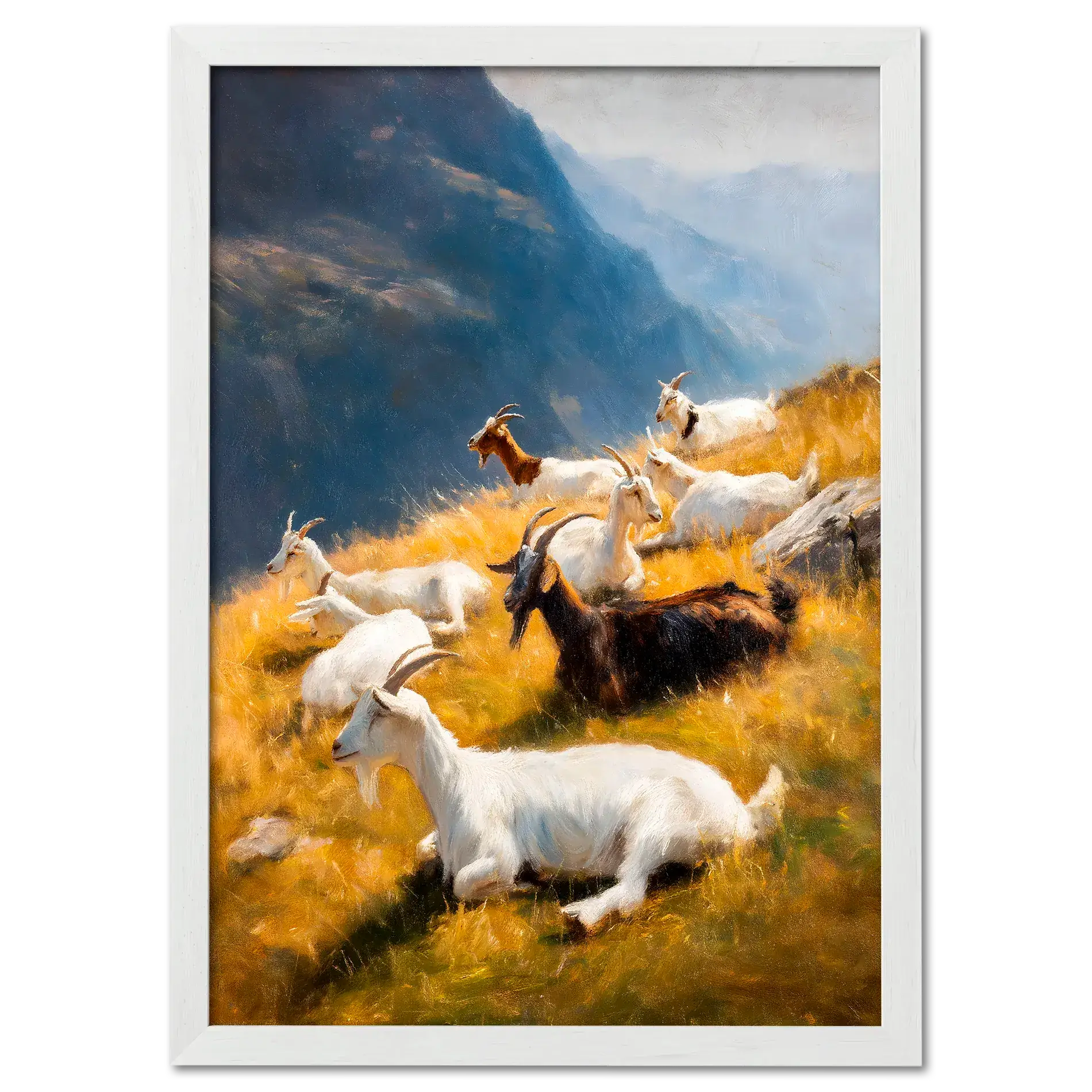 Goats on the Ridge - Poster featuring mountain goats resting on a sunlit alpine slope with golden grass.