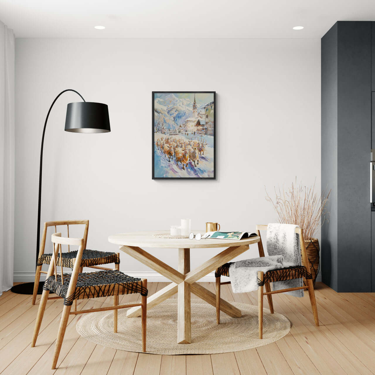 Goats on the street in Switzerland - Poster displayed in a modern dining room with a round table and stylish chairs.