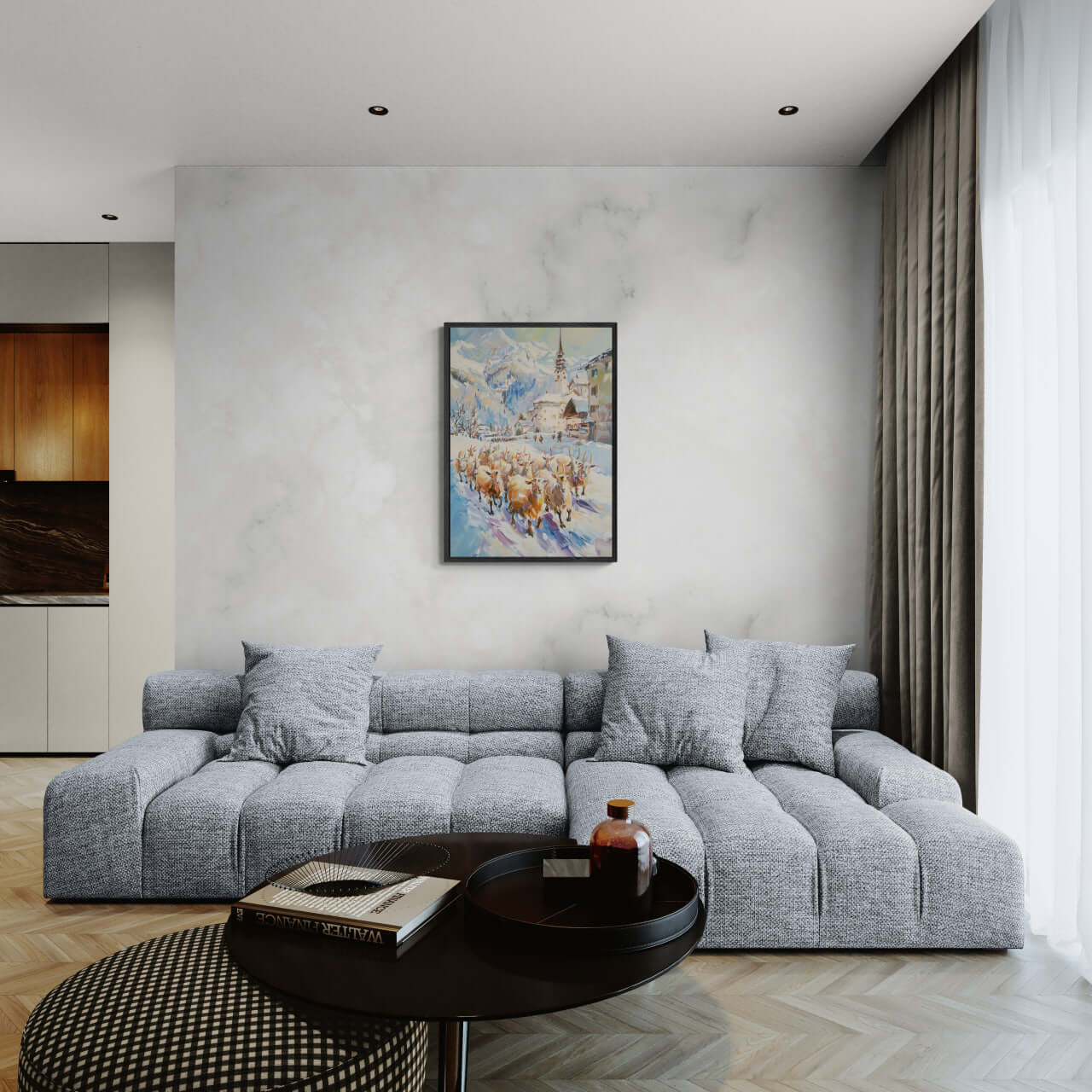 Goats on the street in Switzerland - Poster displayed above a modern grey couch in a contemporary living room.