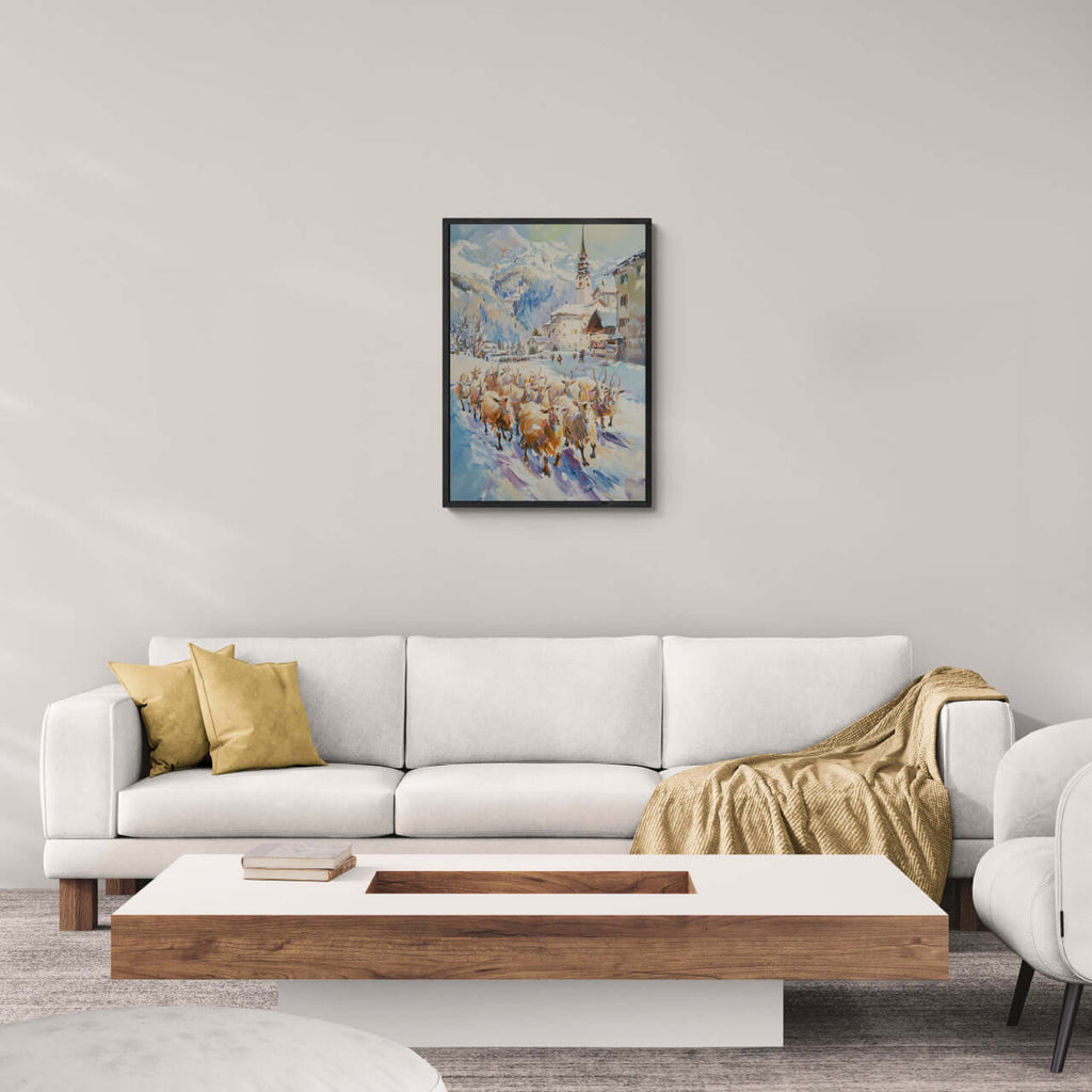 Goats on the street in Switzerland - Poster displayed in a modern living room with cozy furniture.
