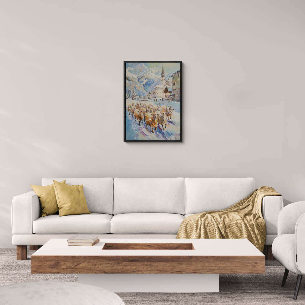 Goats on the street in Switzerland - Poster displayed in a modern living room with cozy furniture.