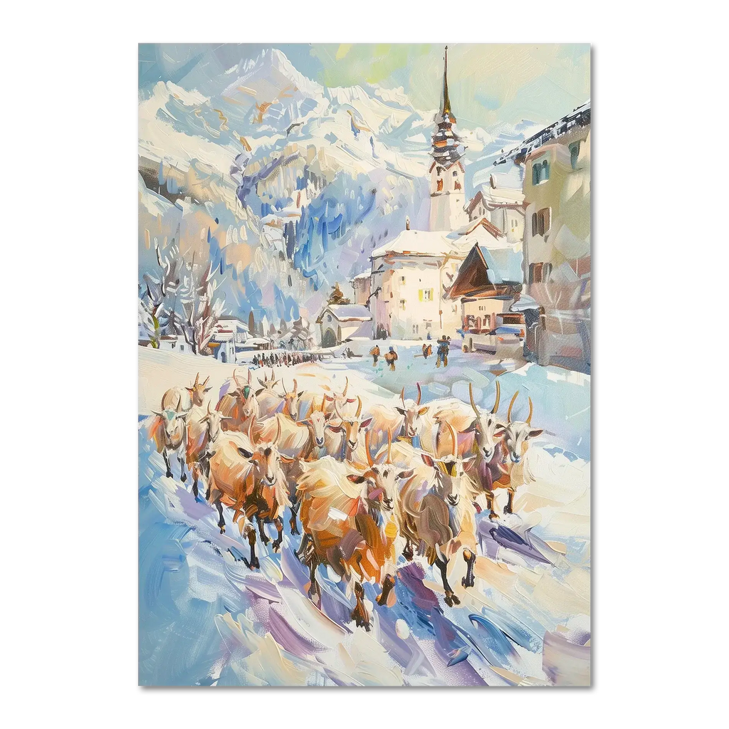 Goats on the street in Switzerland - Poster featuring a herd in a snowy alpine village.