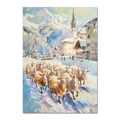Goats on the street in Switzerland - Poster featuring a herd in a snowy alpine village.