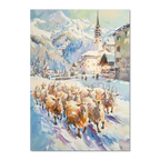 Goats on the street in Switzerland - Poster featuring a herd in a snowy alpine village.