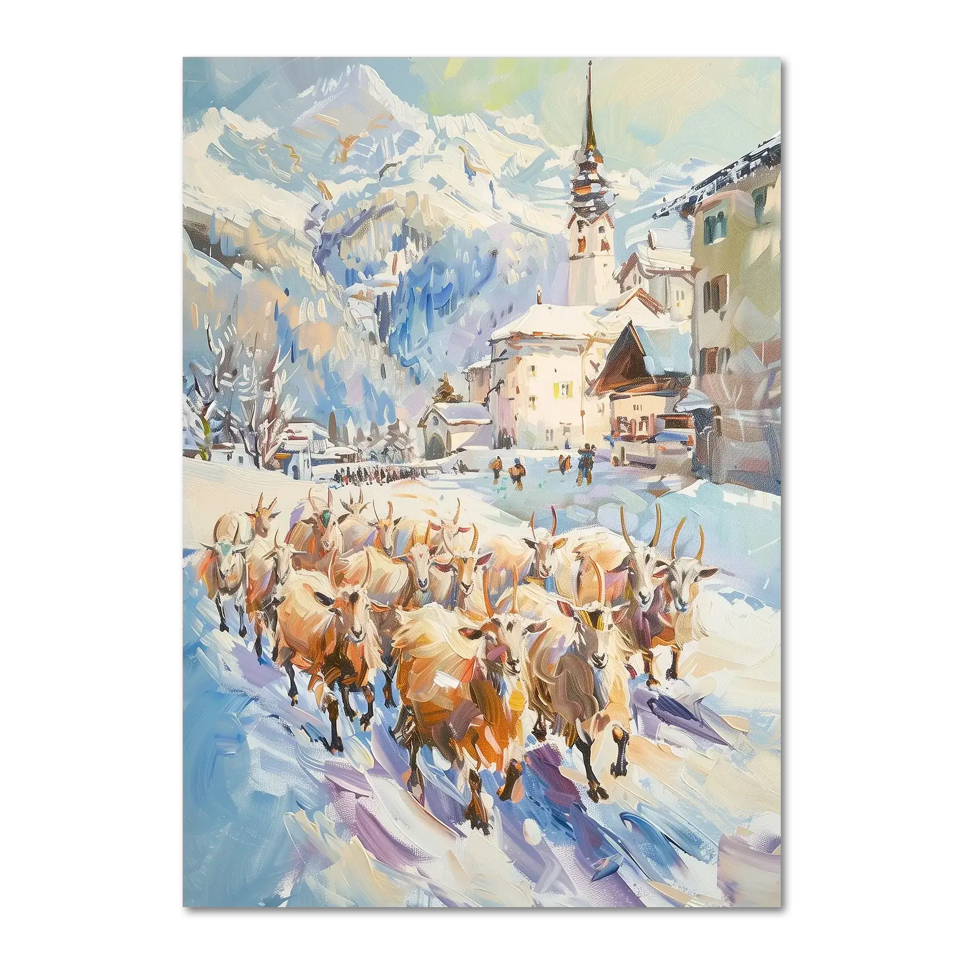 Goats on the street in Switzerland - Poster featuring a herd in a snowy alpine village.