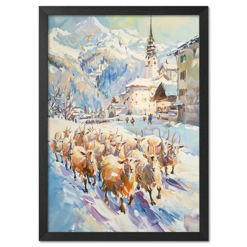 Goats on the street in Switzerland - Poster featuring a herd of goats in an alpine village.