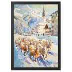 Goats on the street in Switzerland - Poster featuring a herd of goats in an alpine village.