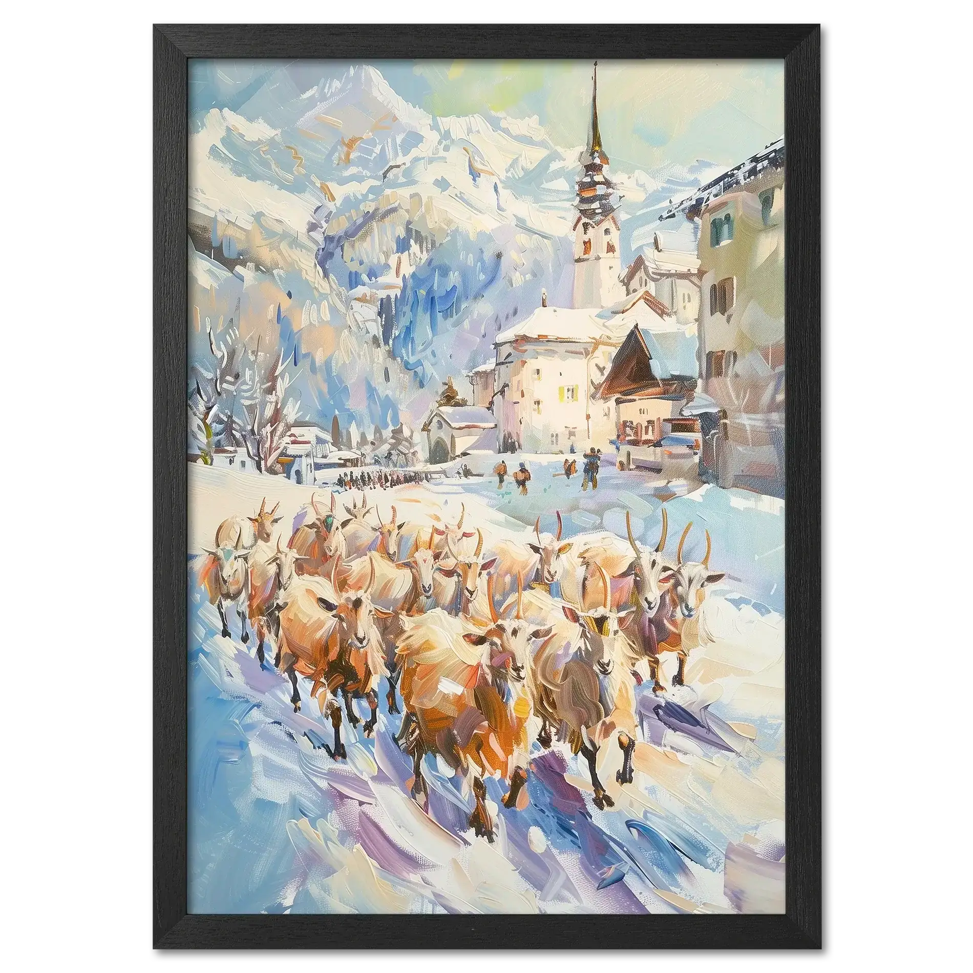 Goats on the street in Switzerland - Poster featuring a herd of goats in an alpine village.