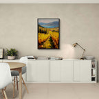 Golden Lines, Lavaux - Poster displayed in a modern minimalist interior with warm vineyard landscape.