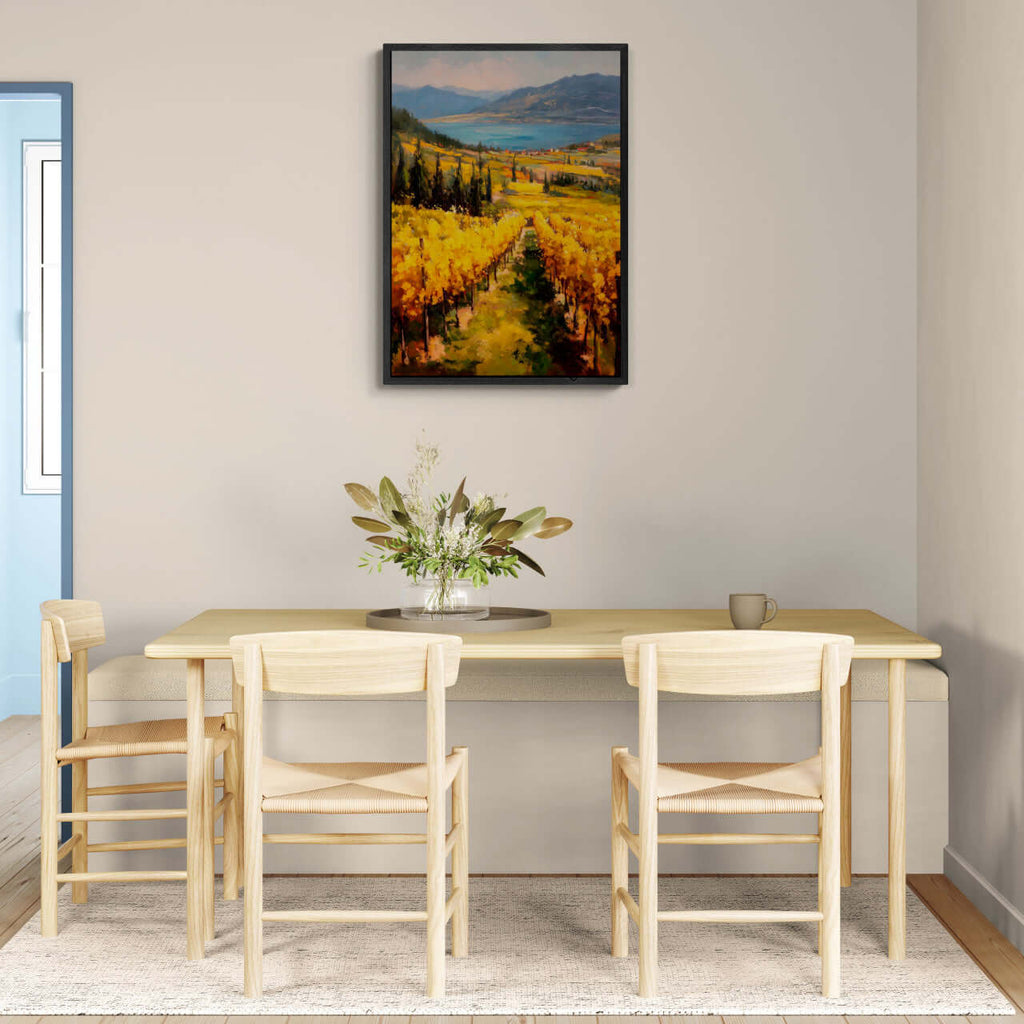 Golden Lines, Lavaux - Poster displayed above a modern table with chairs in a minimalist dining area.