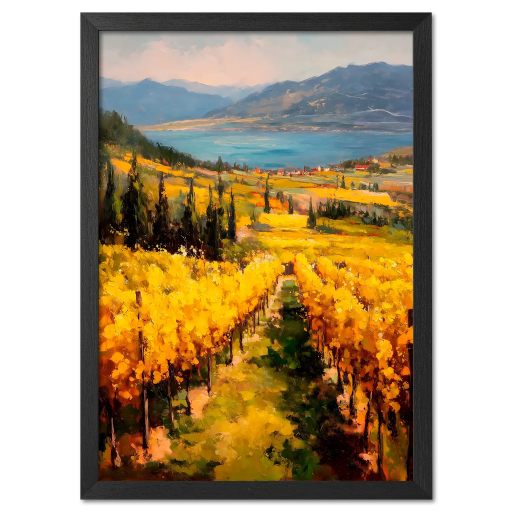 Golden Lines, Lavaux - Poster depicting golden vineyard rows near a calm lake and mountains in the background.