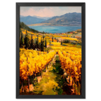 Golden Lines, Lavaux - Poster depicting golden vineyard rows near a calm lake and mountains in the background.