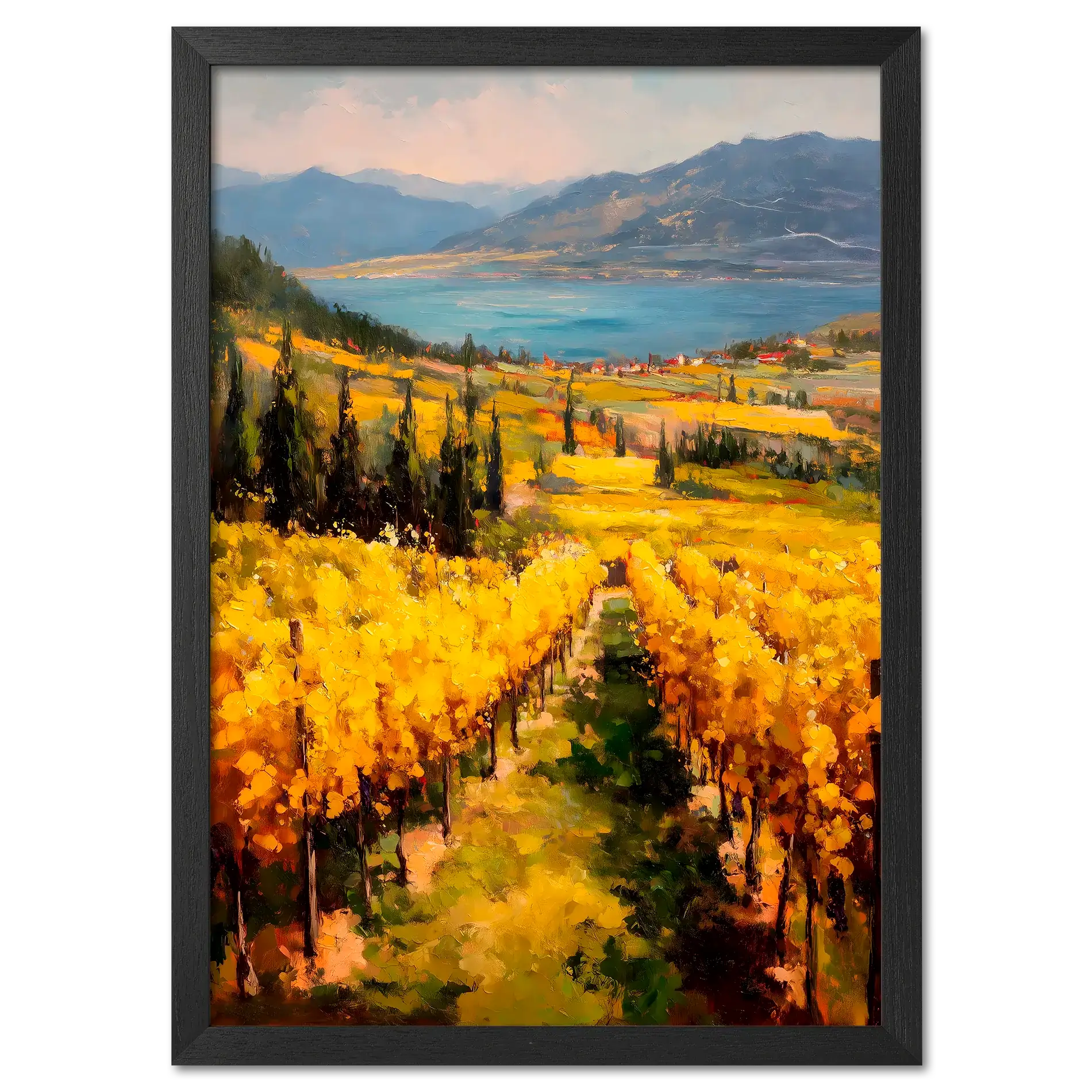 Golden Lines, Lavaux - Poster depicting golden vineyard rows near a calm lake and mountains in the background.