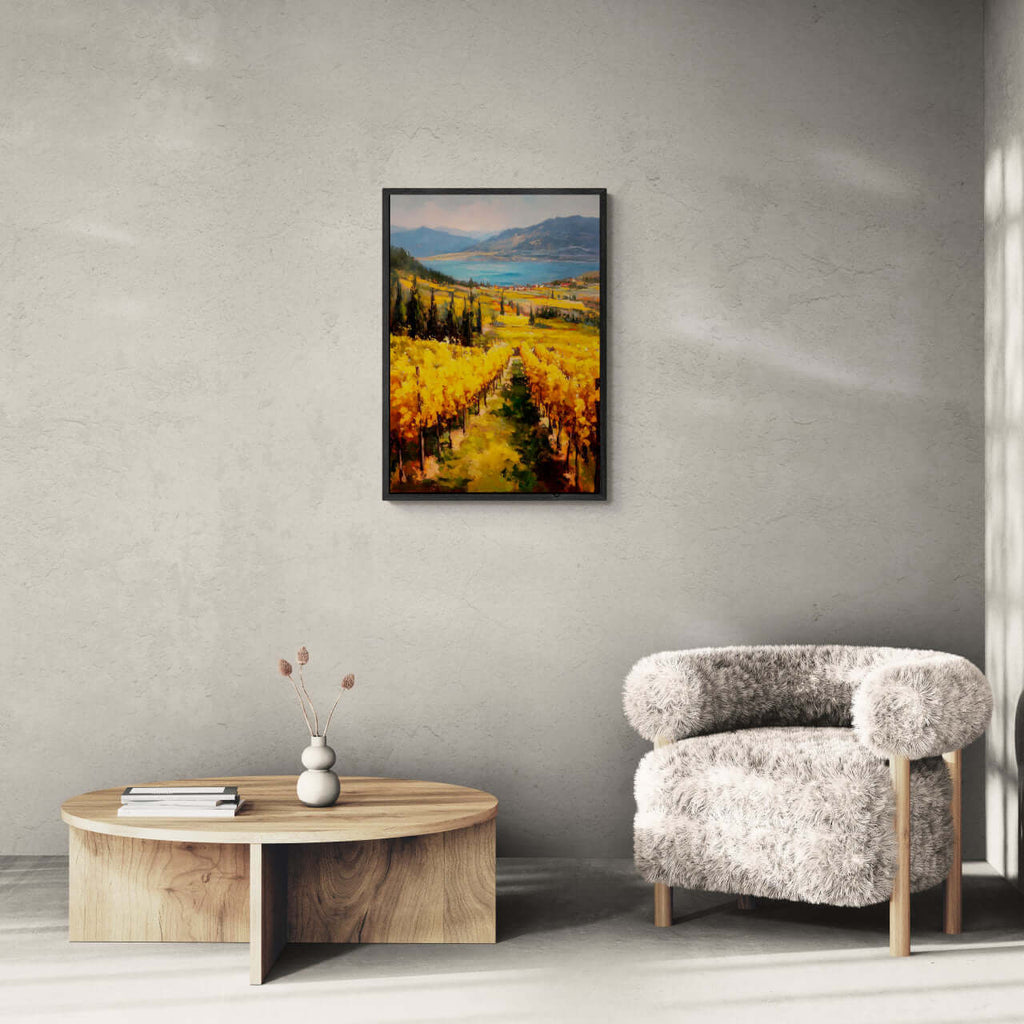 Golden Lines, Lavaux - Poster showcasing golden vineyard rows in a modern minimalist interior.