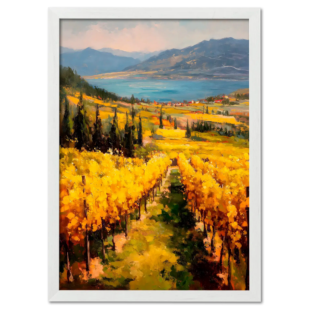 Golden Lines, Lavaux - Poster featuring vibrant yellow vineyard rows and serene lake in autumn landscape.